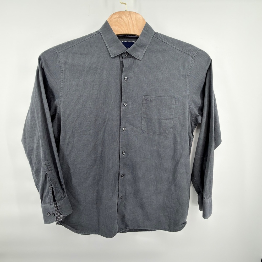 Tommy Bahama Button Up Shirt Mens Large Gray Pima Cotton Herringbone